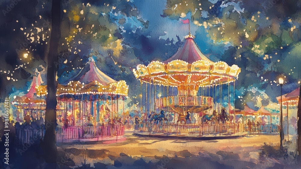 Fototapeta premium Watercolor painting of a carousel at night.