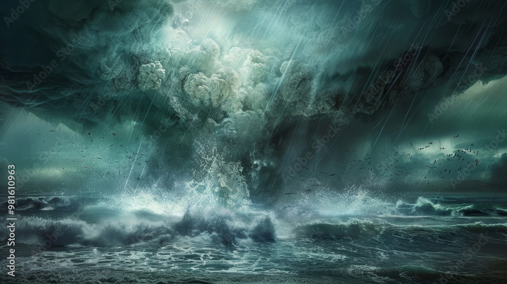 A powerful tornado emerges from the sea, whipping debris and rain into a dramatic storm scene A powerful tornado emerges from the sea, whipping debris and rain into a dramatic storm scene