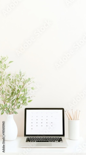 A modern workspace featuring a laptop, a vase of greenery, and a clean, minimalistic design for productivity and inspiration. photo