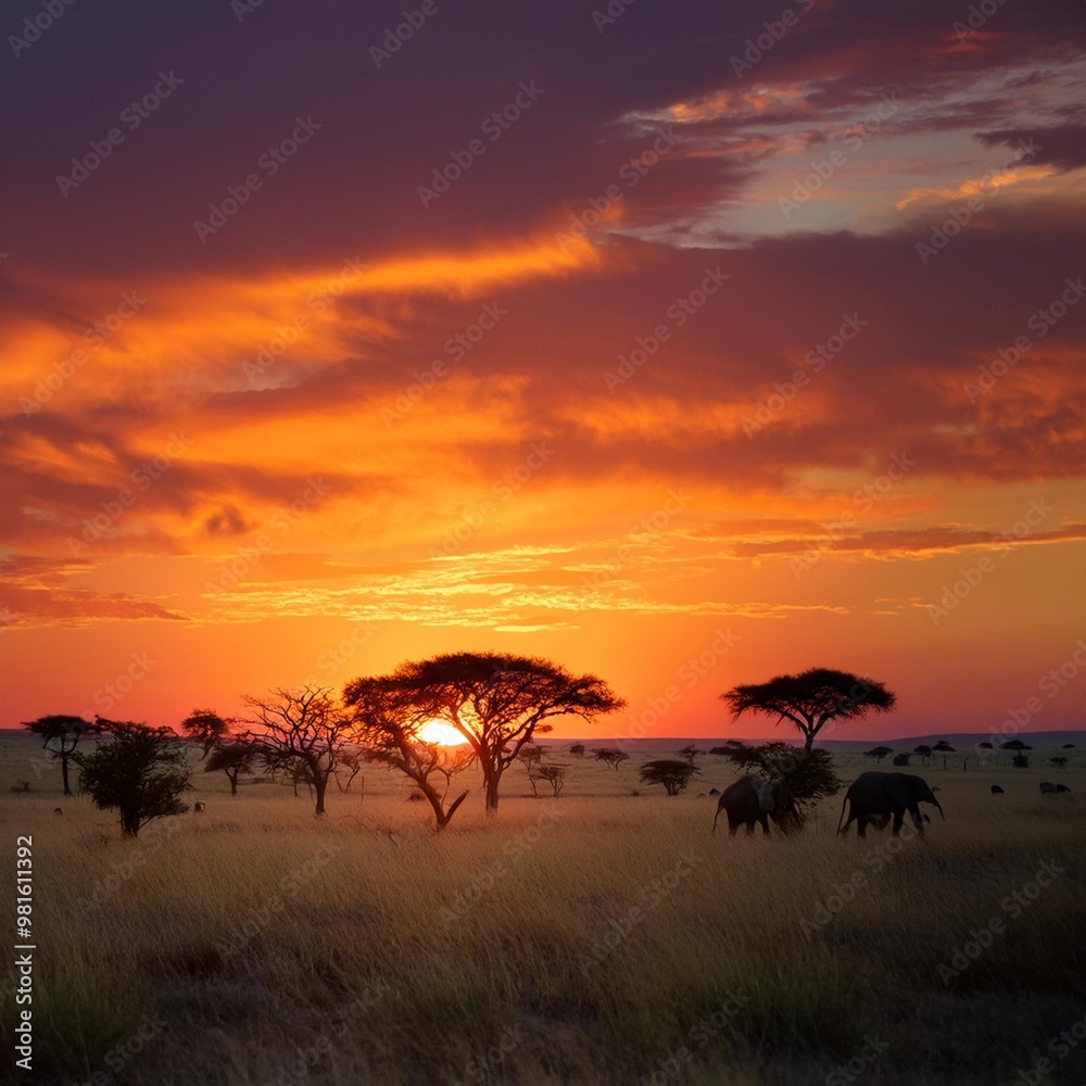 Vast Savannah Plains Under a Fiery Sunset, Home to Grazing Wildlife Vast Savannah Plains Under a Fiery Sunset, Home to Grazing Wildlife