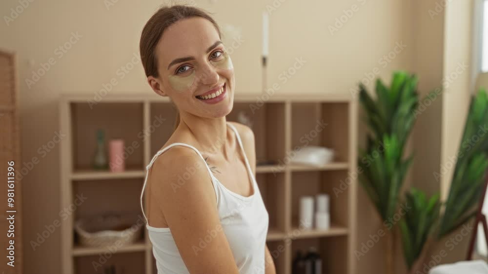A beautiful young woman with blonde hair enjoys a rejuvenating spa treatment with under-eye patches in a serene beauty salon room, surrounded by wellness decor and indoor plants. A beautiful young woman with blonde hair enjoys a rejuvenating spa treatment with under-eye patches in a serene beauty salon room, surrounded by wellness decor and indoor plants.