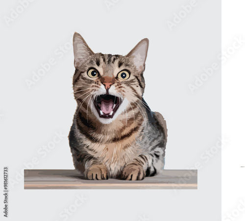 A happy cat with its mouth open and its teeth visible. The cat has its eyes wide open. The cat is sitting on a wooden surface.