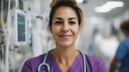 An experienced healthcare professional with a determined smile stands out in the busy hospital environment, showcasing commitment in vibrant purple scrubs.