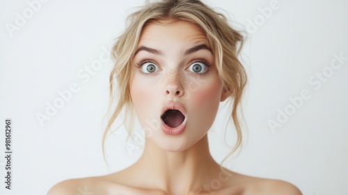 An up-close image of a woman with shock in her wide eyes, standing against a plain white background highlighting her natural freckles and vivid expression.