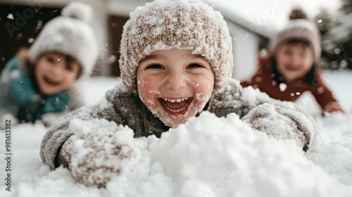 A child in thick snow, with an infectious grin, exemplifies the joy and excitement of winter games, as friends join in the snowy celebration in brisk weather.