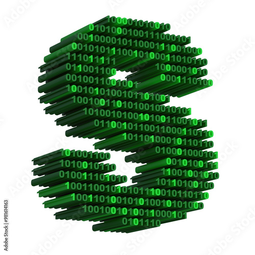3D isometric letter S font made from binary code digits on transparent background PNG
