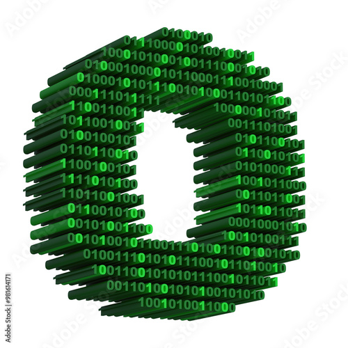 3D isometric letter O font made from binary code digits on transparent background PNG
