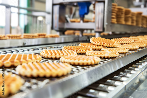 Biscuits on conveyor belt in food factory