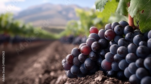 Close-up of a bunch of red grapes on the vine in a vineyard with a blurred background of rows of vines and distant mountains, suggesting a thriving grape-growing environment. photo