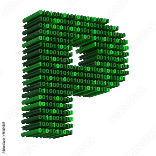 3D isometric letter P font made from binary code digits on transparent background PNG