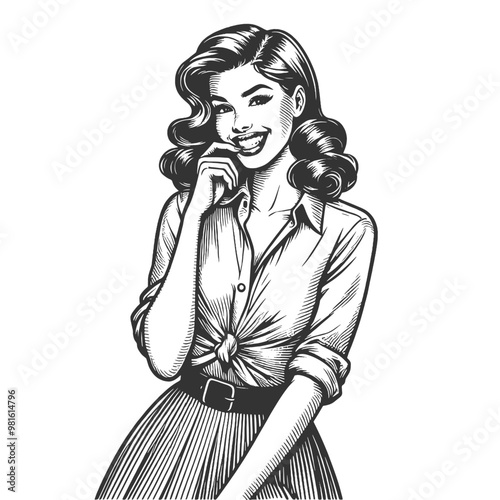Playful smiling beautiful young woman flirty biting her little finger sketch engraving generative ai fictional character vector illustration. Scratch board imitation. Black and white image.