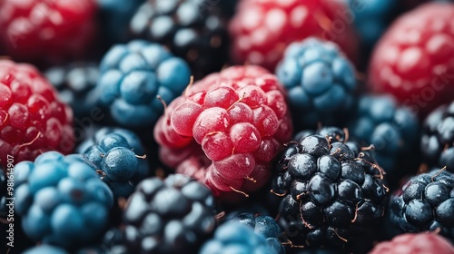 A mix of fresh berries, including plump raspberries and juicy blueberries, presenting a lively and nutritious scene ideal for design themes related to diet, health, and organic foods.