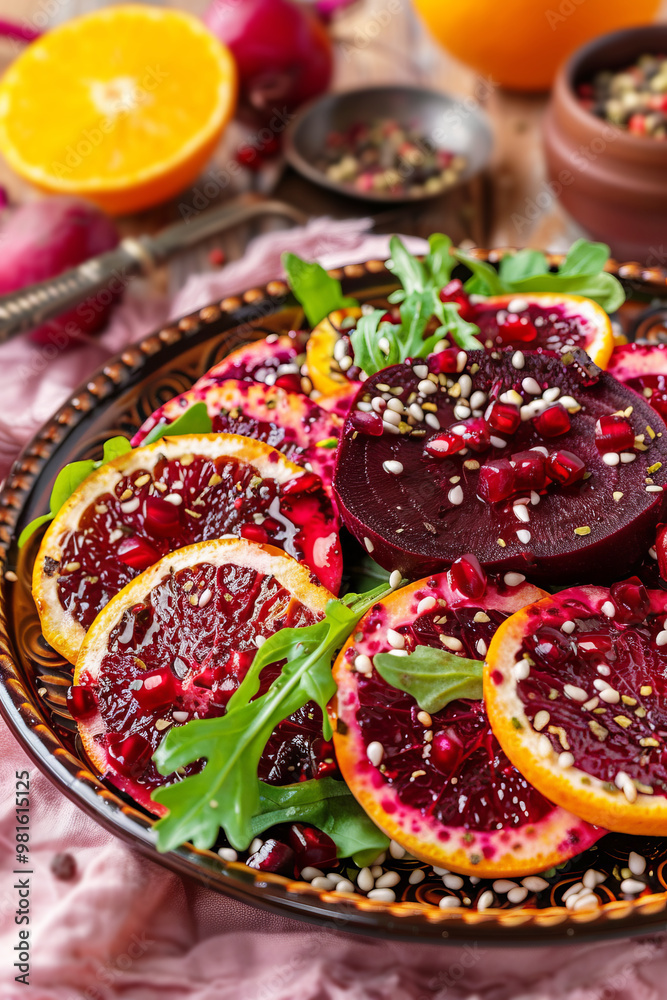 Fototapeta premium Beetroot salad with pomegranate seeds and arugula, vertical image