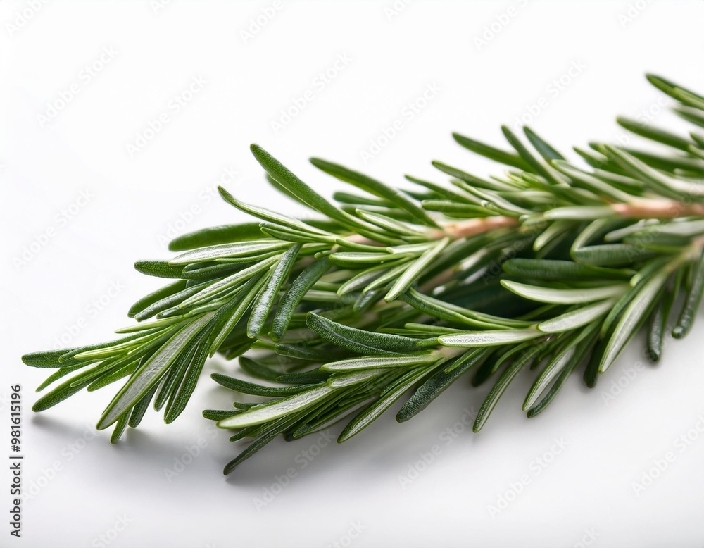 Isolated rosemary sprig with depth of field highlighting needle-like leaves and aromatic qualities Isolated rosemary sprig with depth of field highlighting needle-like leaves and aromatic qualities
