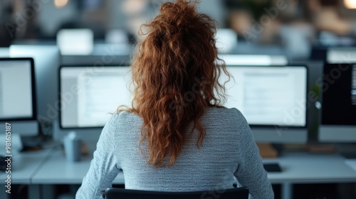 An office setting showing the back of a red-haired woman working at her computer. Her workspace is organized, and the office is modern with a focus on digital productivity. photo