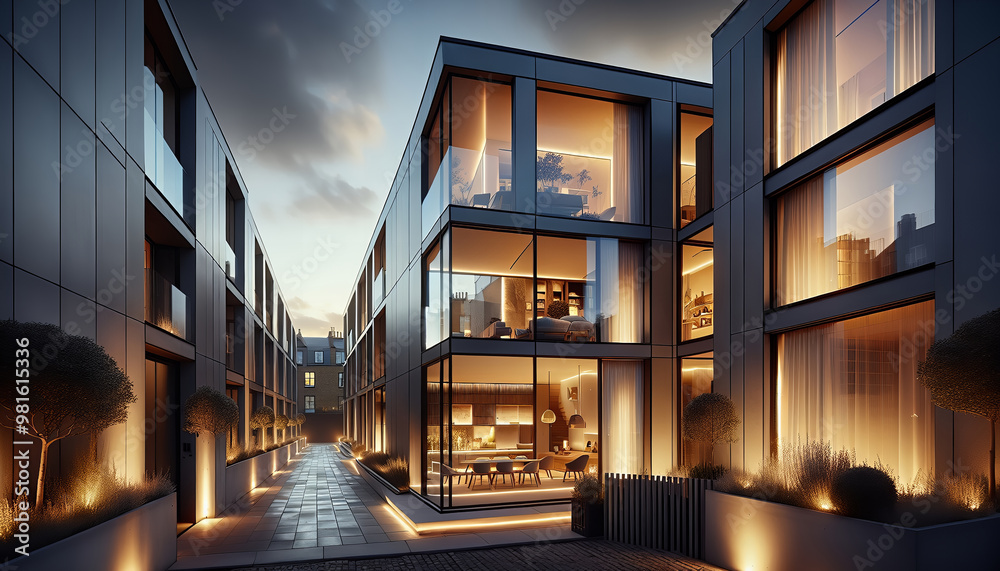 Twilight over modern homes with warm interiors. Twilight over modern homes with warm interiors.