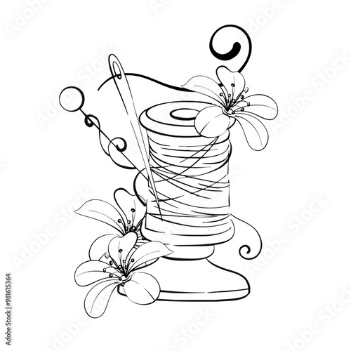 Spool of thread with flower and needle. Vintage sewing tools compositions. Handcraft in retro style. Vintage old-fashion, tailoring for logo, postcard, fabric, printing. Graphic vector line, hand