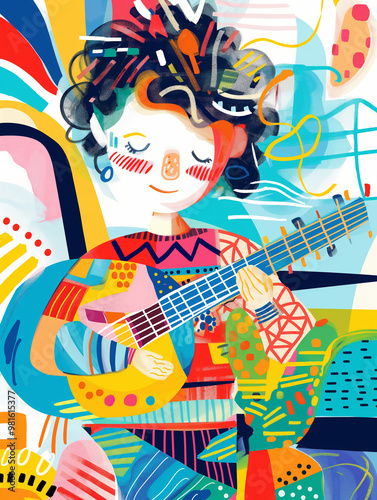 woman with curly hair playing sitar