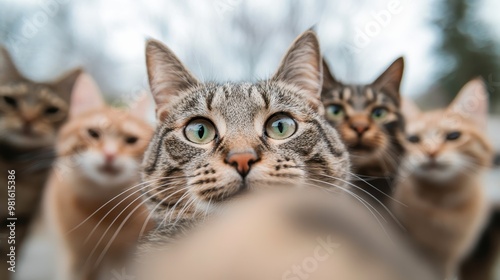 A close-up image of a tabby cat with striking green eyes, surrounded by other cats in the blurry background, capturing the curiosity and social behavior of felines.