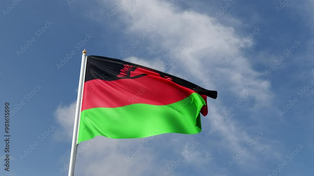 Flag of Malawi on a blue sky, flag on a flag pole waving in the wind, african country, national symbol of Malawi, video of a flag Flag of Malawi on a blue sky, flag on a flag pole waving in the wind, african country, national symbol of Malawi, video of a flag
