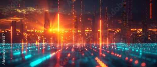 A vibrant futuristic landscape with glowing lights against a twilight sky, evoking a sense of advanced technology and digital innovation.
