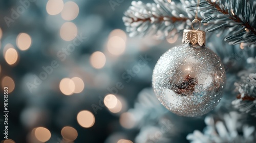 A close-up shot of a silver glittery ornament hanging on a decorated Christmas tree, with out-of-focus lights in the background creating a festive mood and holiday spirit. photo