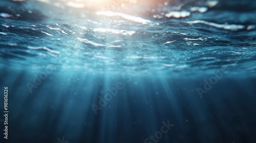 An underwater shot capturing rays of sunlight penetrating through the blue ocean water, creating a serene and mystical underwater landscape.