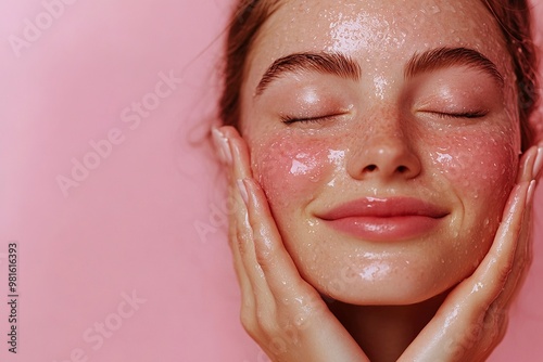 Studio, shine and joy of woman, beauty and treatment of skincare, soft and glow of body in results. Pink background, aesthetic and proud for skin, generative ai