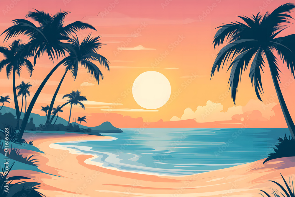 Obraz premium Tropical Sunset Beach Scene with Palm Trees and Vibrant Orange Sky