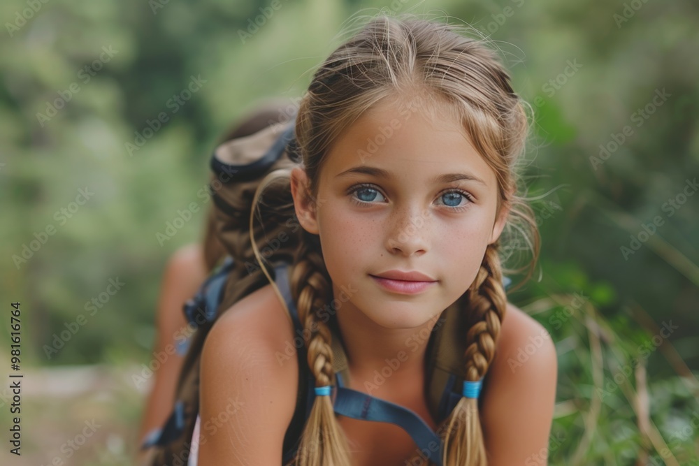 A girl with braided hair showcases her bright blue eyes while hiking along a lush green forest path, carrying her backpack. The summer sun filters through the trees, creating a serene atmosphere. A girl with braided hair showcases her bright blue eyes while hiking along a lush green forest path, carrying her backpack. The summer sun filters through the trees, creating a serene atmosphere.
