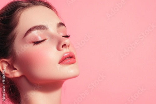 Studio, shine and joy of woman, beauty and treatment of skincare, soft and glow of body in results. Pink background, aesthetic and proud for skin, generative ai