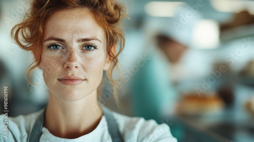 A female chef with striking red hair and a serene expression, working in a brightly lit kitchen, embodies creativity and the delicate art of cooking and preparation. photo