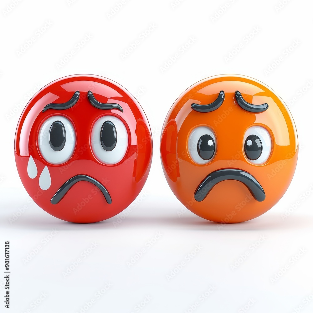 The image features two round emojis, one red with a teardrop expression and the other orange with a frown, showcasing emotions of sadness and disappointment in a minimalistic setting. The image features two round emojis, one red with a teardrop expression and the other orange with a frown, showcasing emotions of sadness and disappointment in a minimalistic setting.