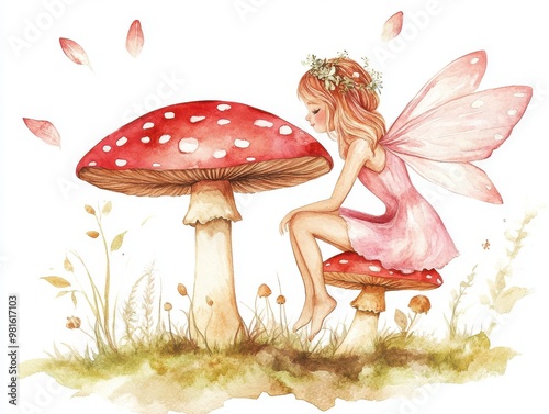 Fairy sitting on mushroom in a forest.