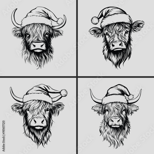 Christmas Highland Cow With Santa Hat Silhouette Vector Svg, Cow Vector Svg, Santa Hat Svg, Highland Cow Vector, Christmas Svg, Animal Head, Cow Head Vector