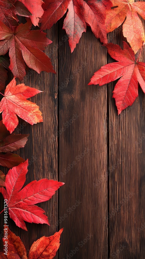 A wooden plank background surrounded with a frame of colorful autumn leaves. A wooden plank background surrounded with a frame of colorful autumn leaves.