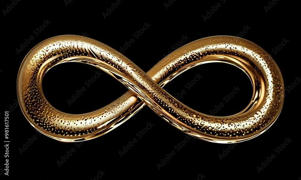 Gold infinity symbol with organic, fluid patterns on its surface, set against a deep black background, evoking a sense of eternity and luxury.