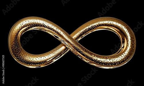 Gold infinity symbol with organic, fluid patterns on its surface, set against a deep black background, evoking a sense of eternity and luxury.