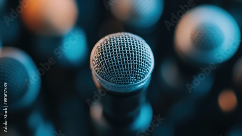 A close-up shot of a microphone with a blurred background of lights, capturing the essence of sound recording or public speaking in a professional and focused environment. photo