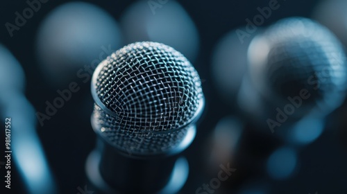 Several microphones arranged closely together against a neutral, blurred backdrop, highlighting the intricacies and focus needed in sound recording and public address systems.