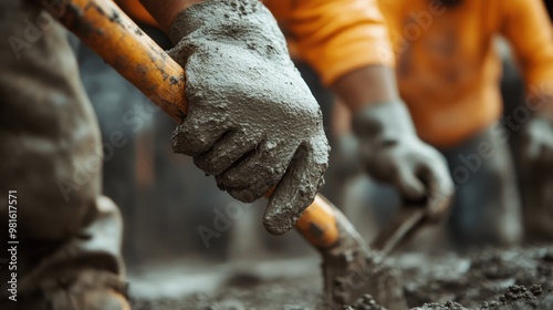 A detailed close-up of a construction worker using a shovel to mix and spread wet concrete at a construction site, showing hard work, effort, and teamwork in action.