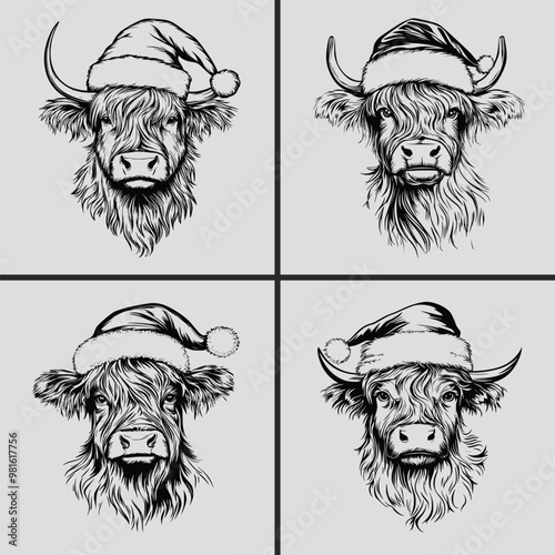 Christmas Highland Cow With Santa Hat Silhouette Vector Svg, Cow Vector Svg, Santa Hat Svg, Highland Cow Vector, Christmas Svg, Animal Head, Cow Head Vector