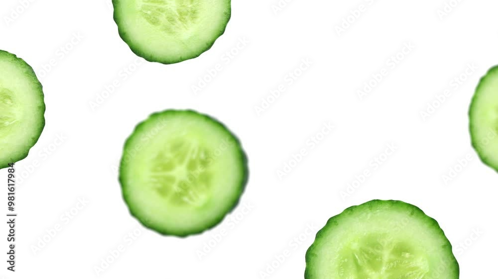 Cucumber slices falling down on white background. Cucumber transition Cucumber slices falling down on white background. Cucumber transition