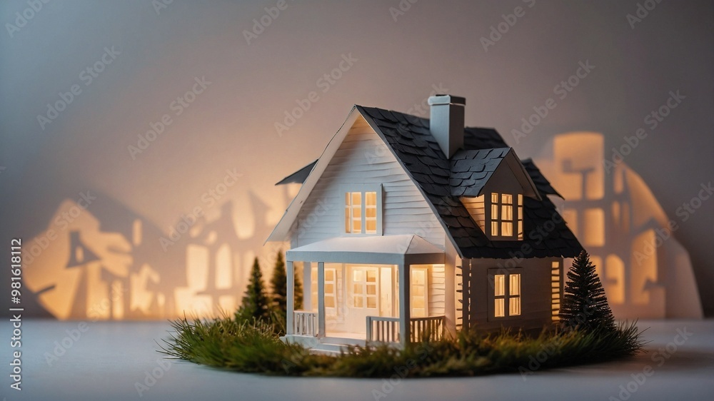 Real estate concept image with a house made out of white paper cutout with soft warm lighting and copy space background Real estate concept image with a house made out of white paper cutout with soft warm lighting and copy space background