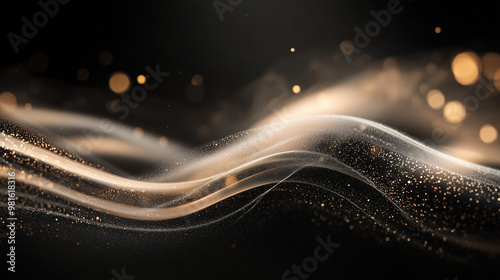 Silver and gold light waves with shimmering particles, futuristic abstract design photo