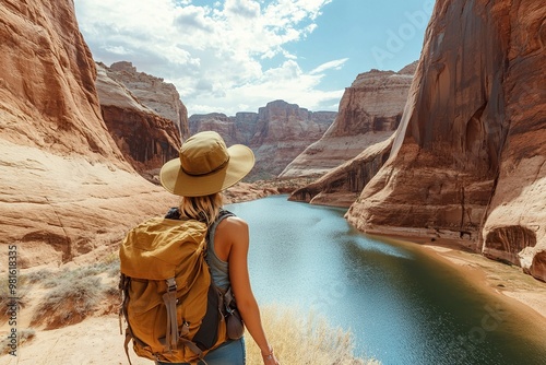 Tourist woman on Glen Canyon on Arizona. Famous hiking place.generative ai photo