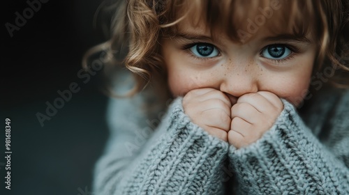 A person with curly hair wearing a cozy gray sweater, their face blurred, is depicted up close, emphasizing the texture and warmth of the seaters against a dark backdrop. photo