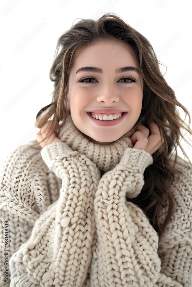 Portrait of a beautiful young woman smiling and looking on white background Portrait of a beautiful young woman smiling and looking on white background