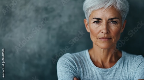 A portrait of an elderly woman with short grey hair exuding a stoic confidence as she looks directly into the camera, showcasing strength and dignity indoors. photo