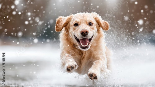 An energetic golden retriever with snow on its fur bounds through a snowy landscape, eyes filled with joy, capturing the delight and spirit of a playful winter day in the outdoors. photo